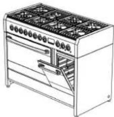 Line drawing of a vintage oven with multiple grilles and a side drawer (no text or symbols)