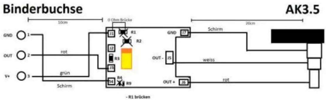 Binderbuchse 10cm O Ohm Brücke GND 1 OUT 2 V+ 3 grün Schirm R1 R2 J1 J2 J3 J4 J9 R3 R4 R6 - R1 brücken GND 17 Schirm 30cm weiss OUT - J5 OUT + J6 rot AK3.5