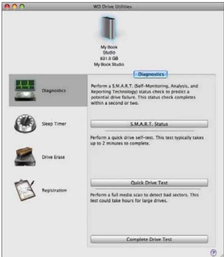 WD Drive Utilities My Book Studio 931.5 GB My Book Studio Diagnostics Perform a S.M.A.R.T. (Self-Monitoring, Analysis, and Reporting Technology) status check to predict a potential drive failure. This status check completes within a second or two. S.M.A.R.T. Status Perform a quick drive self-test. This test typically takes up to 2 minutes to complete. Quick Drive Test Perform a full media scan to detect bad sectors. This test could take hours for large drives. Complete Drive Test