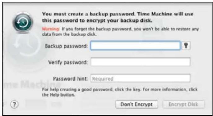 You must create a backup password. Time Machine will use this password to encrypt your backup disk. Warning: If you forget the backup password, you won't be able to restore any data from the backup disk. Backup password: Verify password: Password hint: Required For help creating a good password, click the key. For more information, click the Help button. Don't Encrypt Encrypt Disk