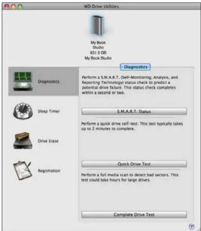 WD Drive Utilities My Book Studio 931.5 GB My Book Studio Diagnostics Perform a S.M.A.R.T. (Self-Monitoring, Analysis, and Reporting Technology) status check to predict a potential drive failure. This status check completes within a second or two. S.M.A.R.T. Status Perform a quick drive self-test. This test typically takes up to 2 minutes to complete. Quick Drive Test Perform a full media scan to detect bad sectors. This test could take hours for large drives. Complete Drive Test