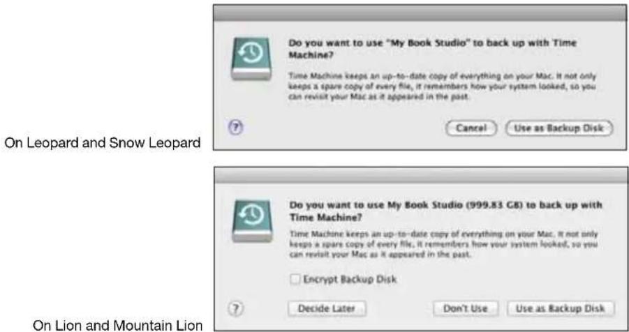 Do you want to use "My Book Studio" to back up with Time Machine? Time Machine keeps an up-to-date copy of everything on your Mac. It not only keeps a spare copy of every file, it remembers how your system looked, so you can revisit your Mac as it appeared in the past. ? Cancel Use as Backup Disk On Leopard and Snow Leopard Do you want to use My Book Studio (999.83 GB) to back up with Time Machine? Time Machine keeps an up-to-date copy of everything on your Mac. It not only keeps a spare copy of every file, it remembers how your system looked, so you can revisit your Mac as it appeared in the past. ? Encrypt Backup Disk ? Decide Later Don't Use Use as Backup Disk On Lion and Mountain Lion
