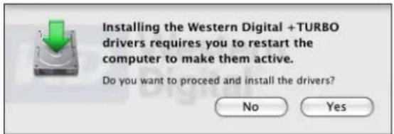 Installing the Western Digital +TURBO drivers requires you to restart the computer to make them active. Do you want to proceed and install the drivers? No Yes