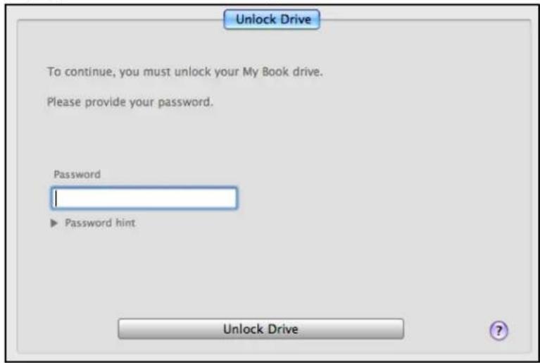 Unlock Drive To continue, you must unlock your My Book drive. Please provide your password. Password Password hint Unlock Drive