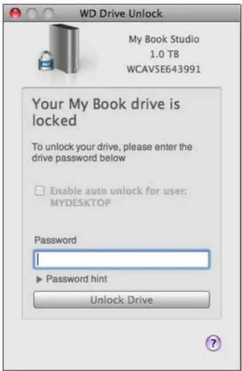 WD Drive Unlock My Book Studio 1.0 TB WCAV5E643991 Your My Book drive is locked To unlock your drive, please enter the drive password below Enable auto unlock for user: MYDESKTOP Password | Password hint Unlock Drive