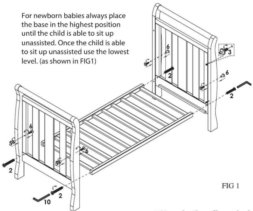 For newborn babies always place the base in the highest position until the child is able to sit up unassisted. Once the child is able to sit up unassisted use the lowest level. (as shown in FIG1) FIG 1