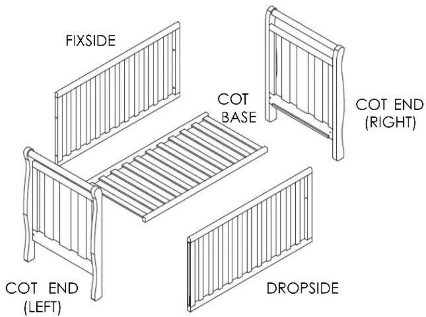 FIXSIDE COT BASE COT END (RIGHT) COT END (LEFT) DROPSIDE