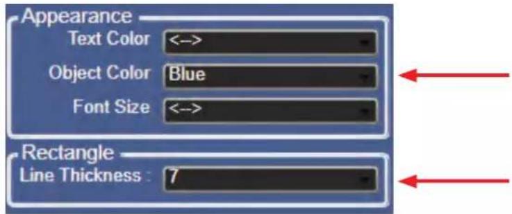 Appearance Text Color <-> Object Color Blue Font Size <-> Rectangle Line Thickness : 7