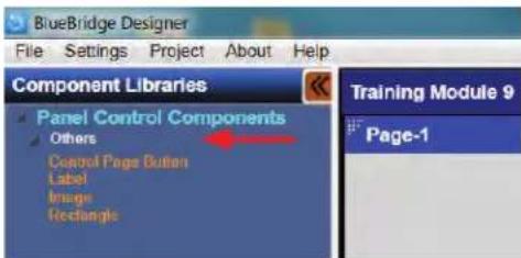 BlueBridge Designer File Settings Project About Help Component Libraries Panel Control Components Others Control Page Buttons Label Image Rectangle Training Module 9 Page-1