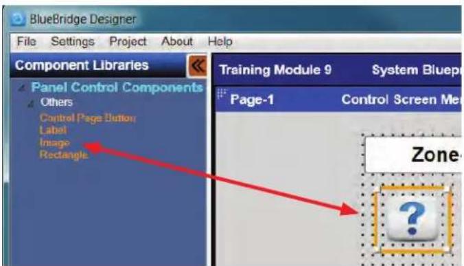 BlueBridge Designer File Settings Project About Help Component Libraries Panel Control Components Others Control Page Button Label Image Rectangle Training Module 9 System Bluep Page-1 Control Screen Me Zone