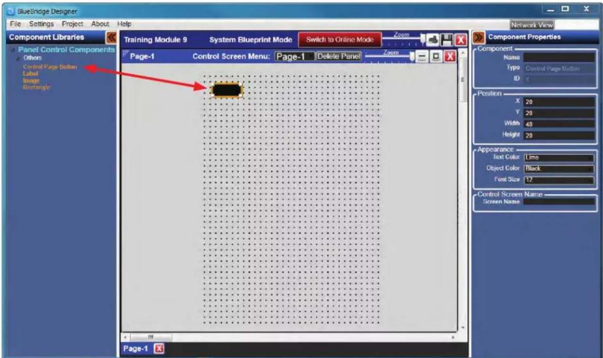Bluebridge Designer File Settings Project About Help Component Libraries Panel Control Components Others Control Page Dollar Label Image Rectangle Training Module 9 System Blueprint Mode Switch to Online Mode Zoom Page-1 Control Screen Menu: Page-1 Delete Panel Zoom Component Properties Name Type Control Page Button ID Position X 20 Y 20 Width 40 Height 20 Appearance Text Color Lime Object Color Black Font Size 12 Control Screen Name - Screen Name Page-1