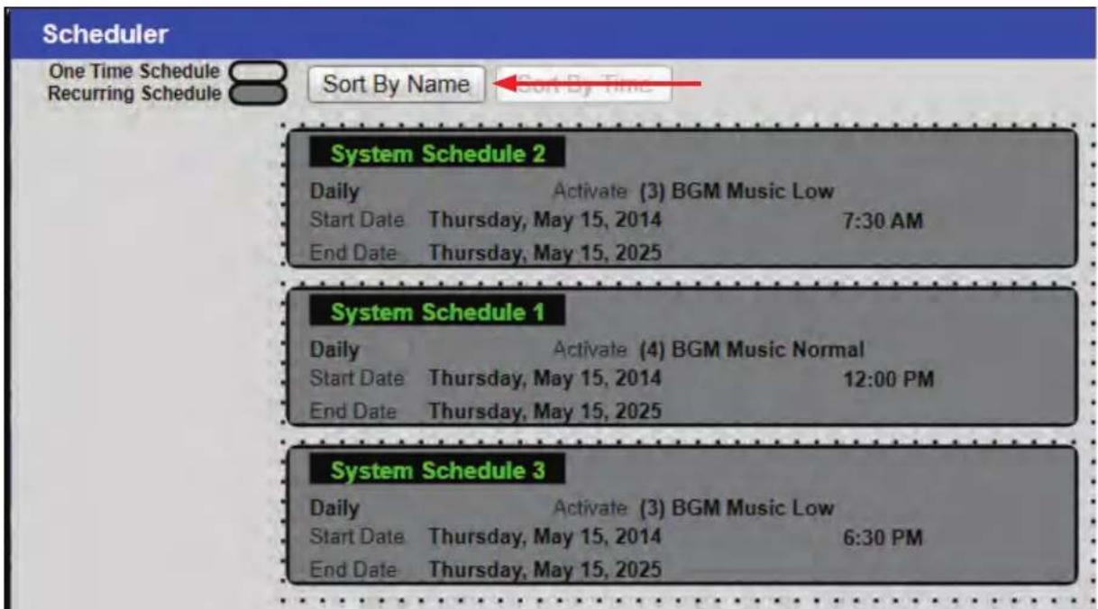 Scheduler One Time Schedule 8 Sort By Name Sort By Time Recurring Schedule System Schedule 2 Daily Activate (3) BGM Music Low Start Date Thursday, May 15, 2014 7:30 AM End Date Thursday, May 15, 2025 System Schedule 1 Daily Activate (4) BGM Music Normal Start Date Thursday, May 15, 2014 12:00 PM End Date Thursday, May 15, 2025 System Schedule 3 Daily Activate (3) BGM Music Low Start Date Thursday, May 15, 2014 6:30 PM End Date Thursday, May 15, 2025