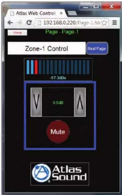 Atlas Web Control 192.168.0.220/Page-1.htm Page - Page-1 Zone-1 Control Next Page -57.3dBu 0.0dB Mute Atlas Sound