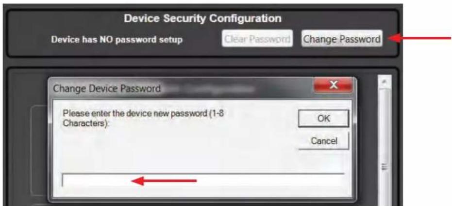 Device Security Configuration Device has NO password setup Clear Password Change Password Change Device Password Please enter the device new password (1-8 Characters): OK Cancel