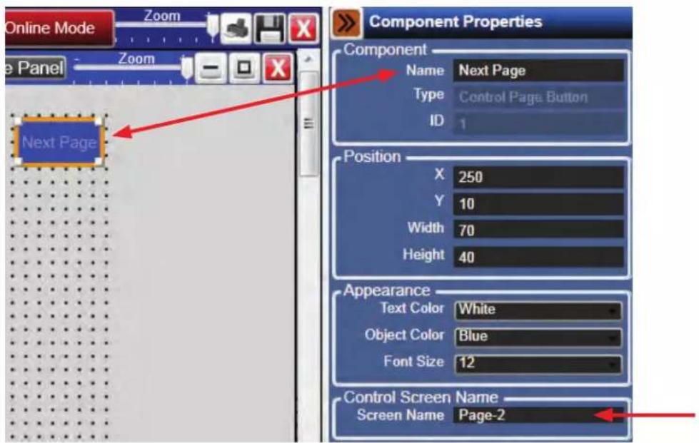 Online Mode Zoom X e Panel Zoom Next Page Component Properties Name Next Page Type Control Page Button ID 1 Position X 250 Y 10 Width 70 Height 40 Appearance Text Color White Object Color Blue Font Size 12 Control Screen Name Screen Name Page-2