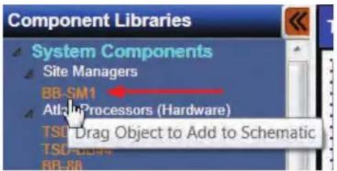 Component Libraries System Components Site Managers BB-SM1 AttnProcessors (Hardware) TSC Drag Object to Add to Schematic TSC DRAG BB-88