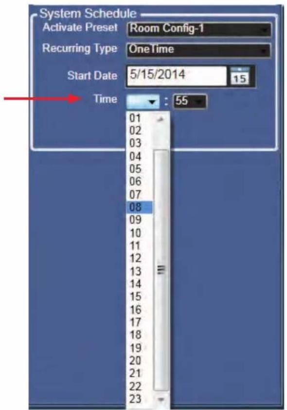 System Schedule Activate Preset Room Config-1 Recurring Type OneTime Start Date 5/15/2014 15 Time : 55 01 02 03 04 05 06 07 08 09 10 11 12 13 14 15 16 17 18 19 20 21 22 23