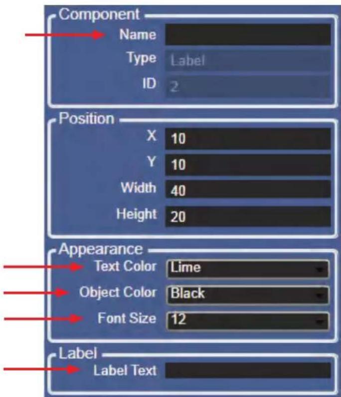 Component Name Type Label ID 2 Position X 10 Y 10 Width 40 Height 20 Appearance Text Color Lime Object Color Black Font Size 12 Label Label Text