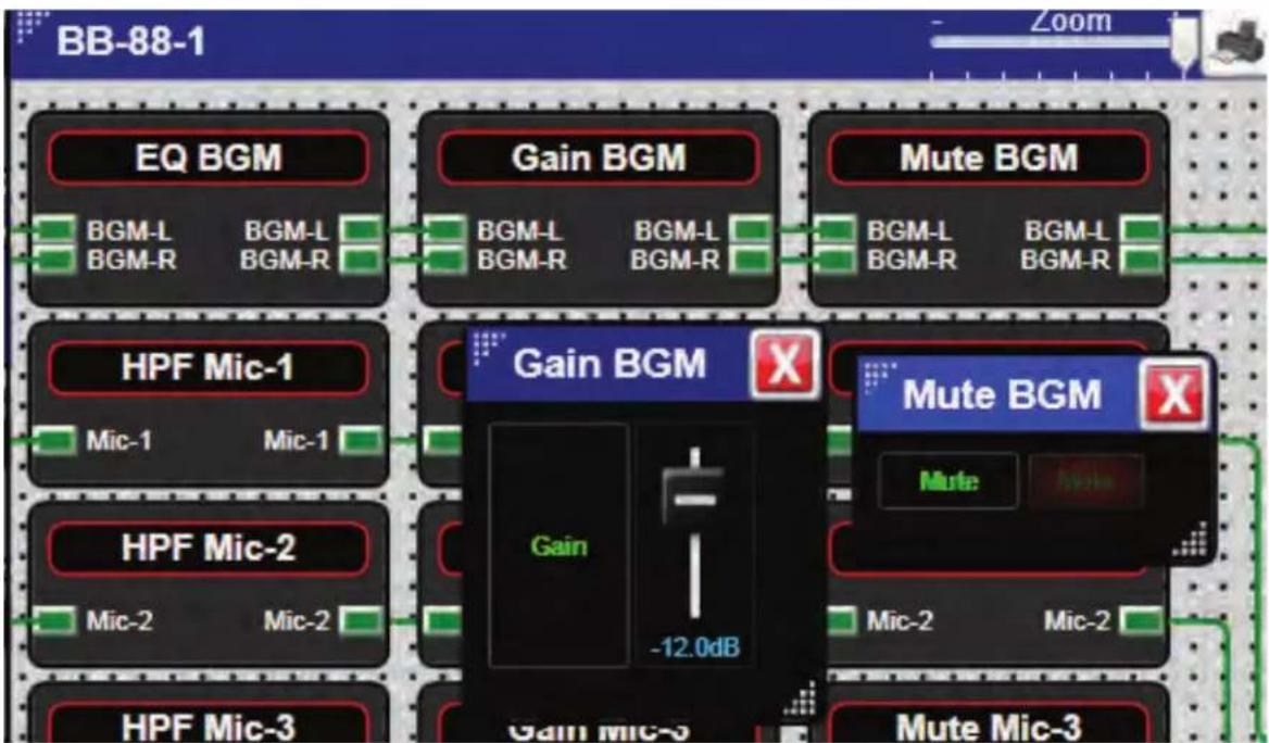 BB-88-1 EQ BGM BGM-L BGM-L BGM-R BGM-R Gain BGM BGM-L BGM-L BGM-R BGM-R Mute BGM BGM-L BGM-L BGM-R BGM-R HPF Mic-1 Mic-1 Mic-1 Gain BGM X -12.0dB HPF Mic-2 Mic-2 Mic-2 Gain MIC-3 Mute Mic-3 Mute BGM Mute Nissie