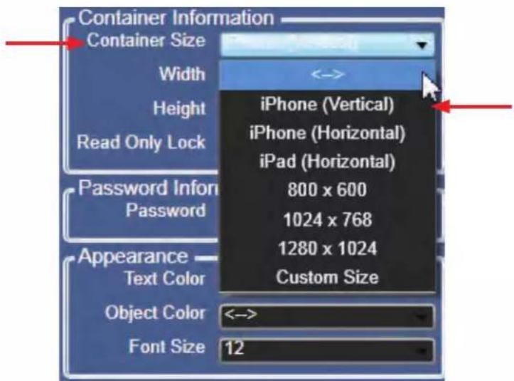 Container Information Container Size Width Height Read Only Lock Password Info Password Appearance Text Color Object Color Font Size iPhone (Vertical) iPhone (Horizontal) iPad (Horizontal) 800 x 600 1024 x 768 1280 x 1024 Custom Size <-->> 12