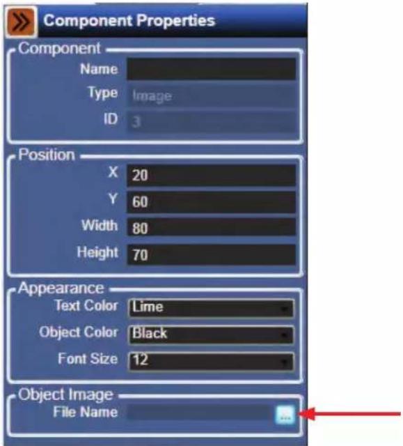 Component Properties Component Name Type Image ID 3 Position X 20 Y 60 Width 80 Height 70 Appearance Text Color Lime Object Color Black Font Size 12 Object Image File Name