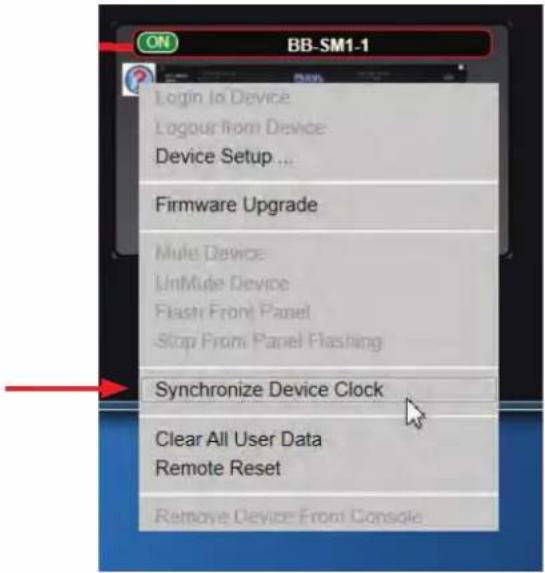 ON BB-SM1-1 Login to Device Logour from Device Device Setup ... Firmware Upgrade Mute Device UnMute Device Flash Front Panel Stop From Panel Flashing Synchronize Device Clock Clear All User Data Remote Reset Remove Device Front Console
