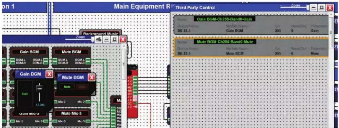 on 1 Main Equipment R Third Party Control Gain BGM-Ch255-Band0-Gain Name: Gain BGM-Ch255-Band0-Gain Device Name: Module Name: Ch: Band/Out: Parameter BB-88.1: Gain BGM 255 0 Gain Mute BGM-Ch255-Band0-Mute Device Name: Module Name: Ch: Band/Out: Parameter BB-88.1: Mute BGM 255 0 Mute