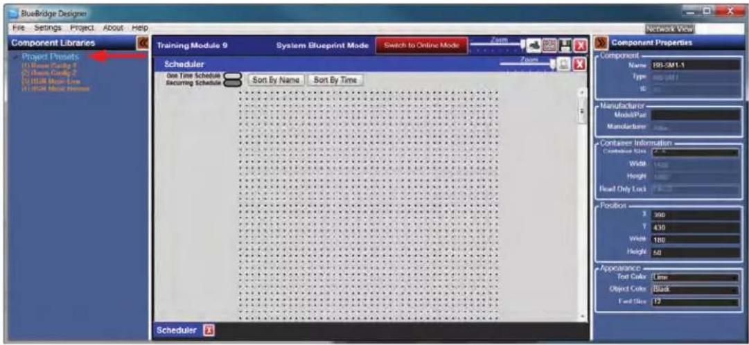 BlueBridge Designer File Settings Project About Help Component Libraries Project Presets (1) Room Code 2 (2) Room Code 2 (3) USB Music Line (4) USB Music Drive Training Module 9 System Blueprint Mode Switch to Online Mode Team Network View Scheduler One Time Schedule Sort By Name Sort By Time Recurring Schedule Switch to Online Mode Team Name: 181-3M1.1 Type: 000-0447 ID: 000-0447 Manufacturer: ModelPatt Manufacturer: Container Information Controller Size: 5 Width: 1600 Height: 1600 Head Only Lock: 7500-7500 Position: X 360 Y 430 Width: 1800 Height: 50 Appearance: Test Color: Line Object Color: Black Test Size: 12