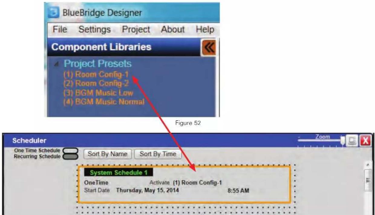 BlueBridge Designer File Settings Project About Help Component Libraries Project Presets (1) Room Config-1 (2) Room Config-2 (3) BGM Music Low (4) BGM Music Normal Figure 52 Scheduler One Time Schedule Recurring Schedule Sort By Name Sort By Time System Schedule 1 OneTime Activate (1) Room Config-1 Start Date Thursday, May 15, 2014 8:55 AM