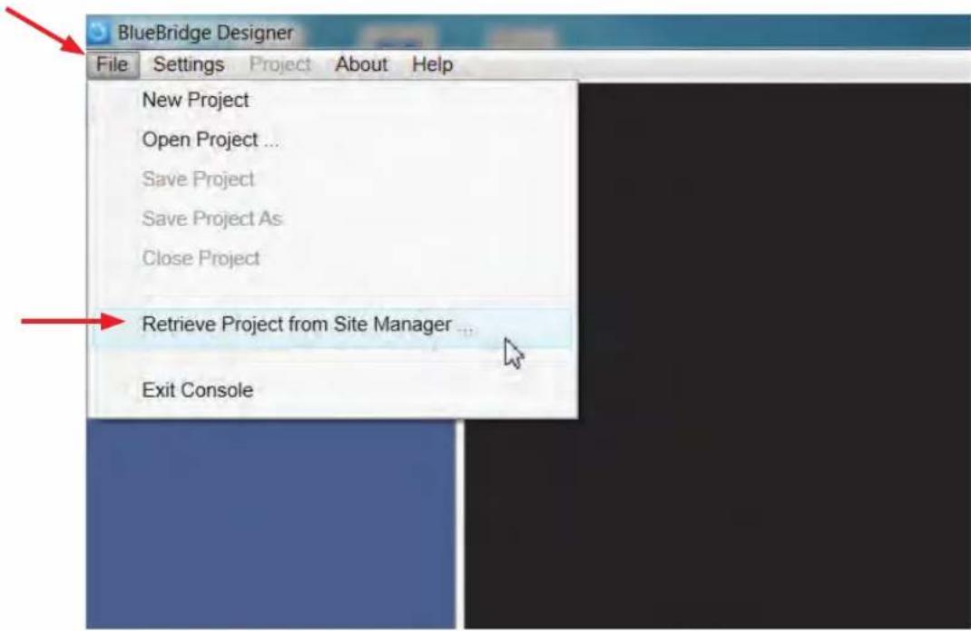 BlueBridge Designer File Settings Project About Help New Project Open Project ... Save Project Save Project As Close Project Retrieve Project from Site Manager ... Exit Console
