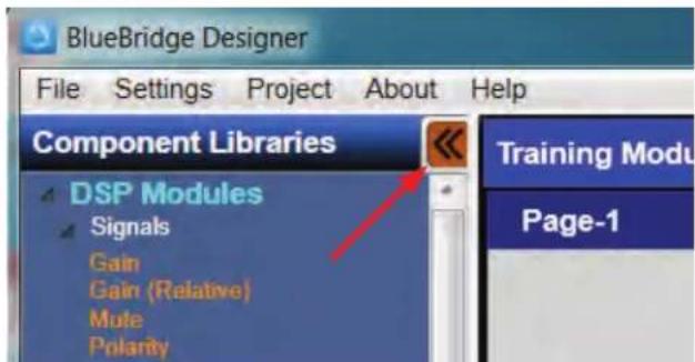 BlueBridge Designer File Settings Project About Help Component Libraries DSP Modules Signals Gain Gain (Relative) Mute Polarity Training Modu Page-1