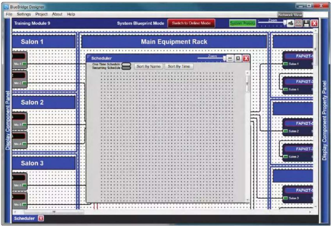 BlueBridge Designer File Settings Project About Help Training Module 9 System Blueprint Mode Switch to Online Mode System Presets Zoom Salon 1 Main Equipment Rack Scheduler One Time Schedule Recurring Schedule Sort By Name Sort By Time FAP42T-1 Salon 1 Salon 2 Salon 3 Display Component Panel FAP42T-2 Salon 2 FAP42T-3 Salon 3 Display Component Property Panel