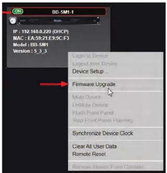 ON BB-SM1-1 IP : 192.168.0.220 (DHCP) MAC : EA:59:21:E9:9C:F3 Model : BB-SM1 Version : 5_3_3 Login to Device Layout from Device Device Setup ... Firmware Upgrade Multi Device UnMulti Device Flash Front Panel Stop Front Panel Flashing Synchronize Device Clock Clear All User Data Remote Reset Remove Devices From Console