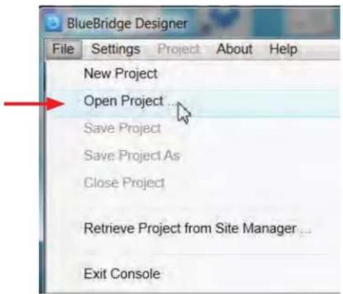 BlueBridge Designer File Settings Project About Help New Project Open Project Save Project Save Project As Close Project Retrieve Project from Site Manager... Exit Console