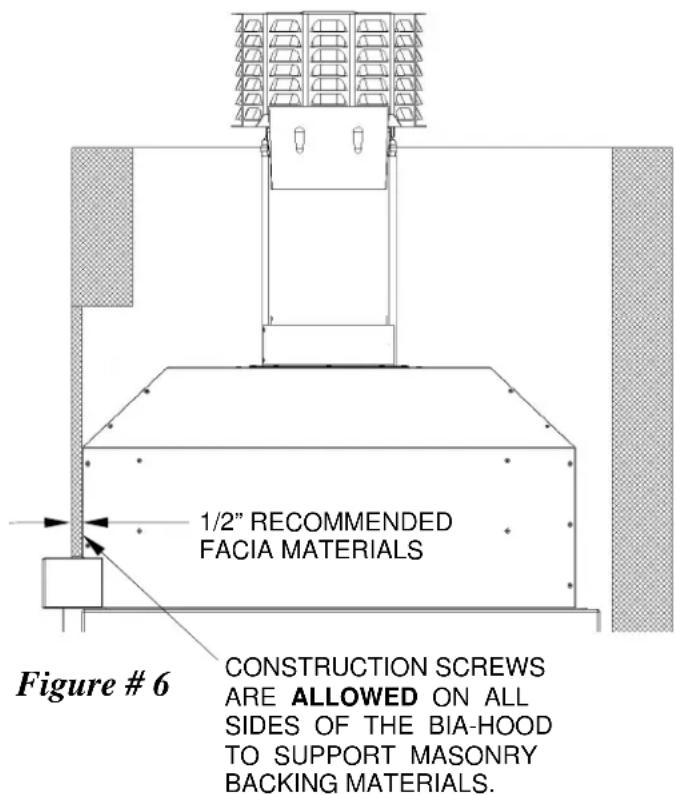 1/2" RECOMMENDED FACIA MATERIALS Figure # 6 CONSTRUCTION SCREWS ARE ALLOWED ON ALL SIDES OF THE BIA-HOOD TO SUPPORT MASONRY BACKING MATERIALS.
