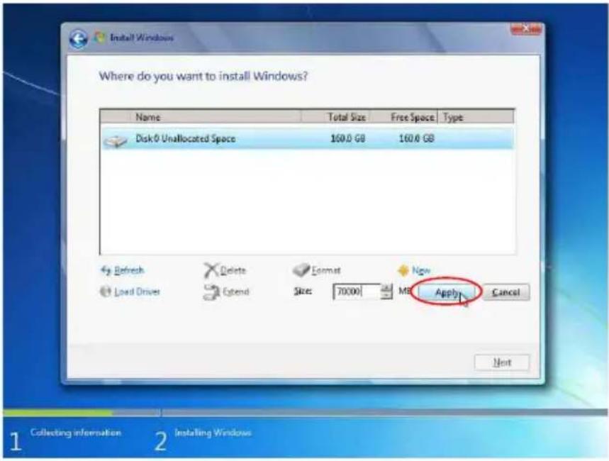 Where do you want to install Windows? Name Total Size Free Space Type Disk 0 Unallocated Space 160.0 GB 160.0 GB Apply Next Refresh Delete Format New Load Drives Extend Size: 70000 MB Cancel 1 2 Installing Windows