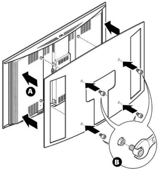 Diagram illustrating a device's internal structure and mounting mechanism, labeled with components A and B.