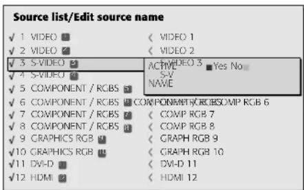 Source list/Edit source name ✓ 1 VIDEO ✓ 2 VIDEO ✓ 3 S-VIDEO ✓ 4 S-VIDEO ✓ 5 COMPONENT / RCBS ✓ 6 COMPONENT / RCBS ✓ 7 COMPONENT / RCBS ✓ 8 COMPONENT / RCBS ✓ 9 GRAPHICS RGB ✓10 GRAPHICS RGB ✓11 DVI-D ✓12 HDMI < VIDEO 1 < VIDEO 2 ACTIVE VIDEO 3 Yes No S-V NAME