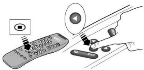 Diagram showing a hand holding a remote control with labeled buttons and an icon, likely illustrating a home control or navigation interface.