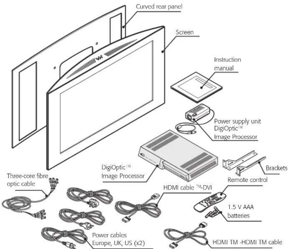 Curved rear panel Screen Instruction manual Power supply unit DigiOptic™ Image Processor Three-core fibre optic cable DigiOptic™ Image Processor HDMI cable™-DVI 1.5 V AAA batteries Power cables Europe, UK, US (x2) HDMI TM -HDMI TM cable