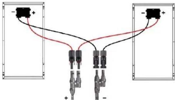 Diagram showing two identical electrical connectors connected to a central connector, with polarity indicators (+/-) shown in black and red lines.
