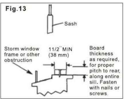 Fig.13 Sash Storm window frame or other obstruction 11/2" MIN (38 mm) Board thickness as required, for proper pitch to rear, along entire sill. Fasten with nails or screws.