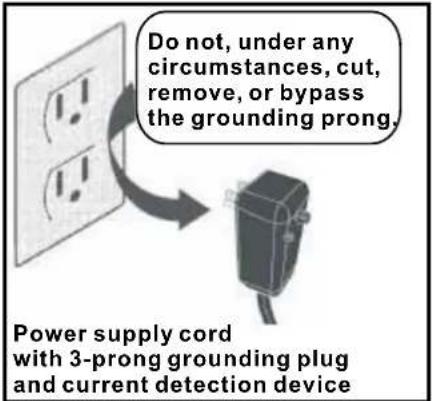 Do not, under any circumstances, cut, remove, or bypass the grounding prong. Power supply cord with 3-prong grounding plug and current detection device