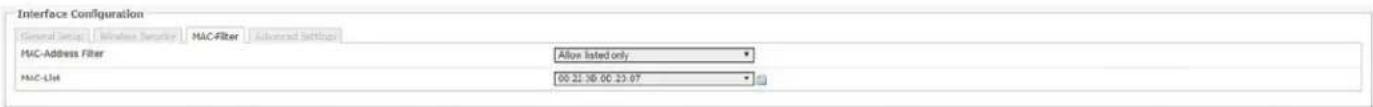 Interface Configuration General Setup | Windows Server | MAC-Filter | Advanced Settings MAC-Address Filter Allow listed only MAC-List 00 21:30 00 23:07