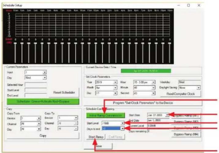 Scheduler Setup Level 0.00 Current Parameters Input: 1 Day: Wed Selected Hour: Start Level: End Level: Reset Scheduler Schedules: Green/Activate Hide/Bypass Copy Copy Time: 1 Device: 1 Channel: All Day: All Copy To Device: 1 Channel: All Day: All Copy Current Device Date / Time Apr 17, 2014 - 10:53:10 Set Clock Parameters Year: 2019 Hour 15 - 3.00 pm Viter/Key: Wed Month: Apr Minute A8 Enlight Saving Now Day: 13 Second A3 Read Computer Clock Program "Set Clock Parameters" to the Device Schedule Cur/Boating Initial Ramp Connection Start Date: Jan 21, 2020 Bypass Ramp (M) Start Level: NoD Days to end: 0 Current Level 0.00dB Bypass Ramp (M) Start Ramp End Ramp Days remaining 0 Bypass Ramp (M) Close