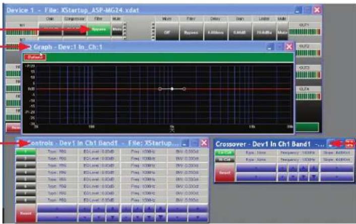 Device 1 - File: XStartup_ASP-MG24.xdat Control Graph - Dev1 In_Ch:1 Controls Controls - Dev1 In Ch1 Band1 - File: XStartup... Crossover - Dev1 In Ch1 Band1 ...
