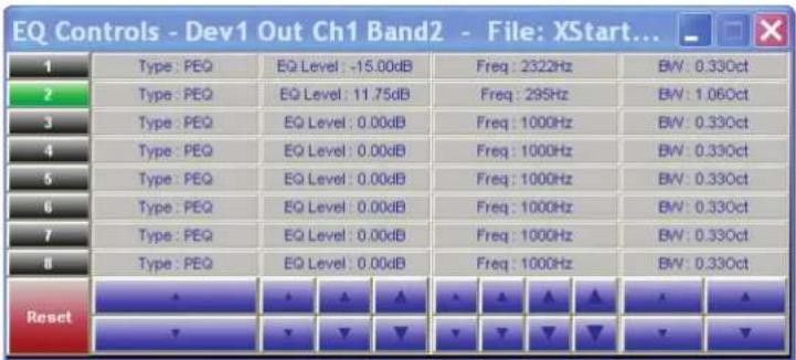 EQ Controls - Dev1 Out Ch1 Band2 - File: XStart... 1 Type: PEQ EQ Level: -15.00dB Freq: 2322Hz BW: 0.330ct 2 Type: PEQ EQ Level: 11.75dB Freq: 295Hz BW: 1.060ct 3 Type: PEQ EQ Level: 0.00dB Freq: 1000Hz BW: 0.330ct 4 Type: PEQ EQ Level: 0.00dB Freq: 1000Hz BW: 0.330ct 5 Type: PEQ EQ Level: 0.00dB Freq: 1000Hz BW: 0.330ct 6 Type: PEQ EQ Level: 0.00dB Freq: 1000Hz BW: 0.330ct 7 Type: PEQ EQ Level: 0.00dB Freq: 1000Hz BW: 0.330ct 8 Type: PEQ EQ Level: 0.00dB Freq: 1000Hz BW: 0.330ct Reset + + + + + + + + + + + + + + + + + + + + + + + + + + + + + + + + + + + + + + + + + + + + + + + + + + + + + + + + + + + + + + + + + + + + + + + + + + + + + + + + + + + + + + + + + + + + + + + + + + + + +