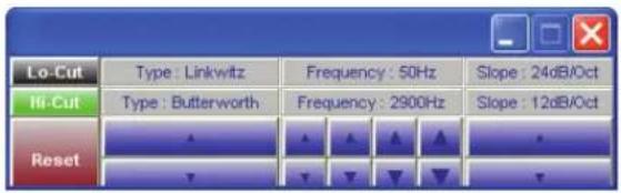 Lo-Cut Type : Linkwitz Frequency : 50Hz Slope : 24dB/Oct Hi-Cut Type : Butterworth Frequency : 2900Hz Slope : 12dB/Oct Reset