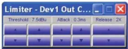 Limiter - Dev1 Out C... Threshold : 7.5dBu Attack : 0.3ms Release : 2X