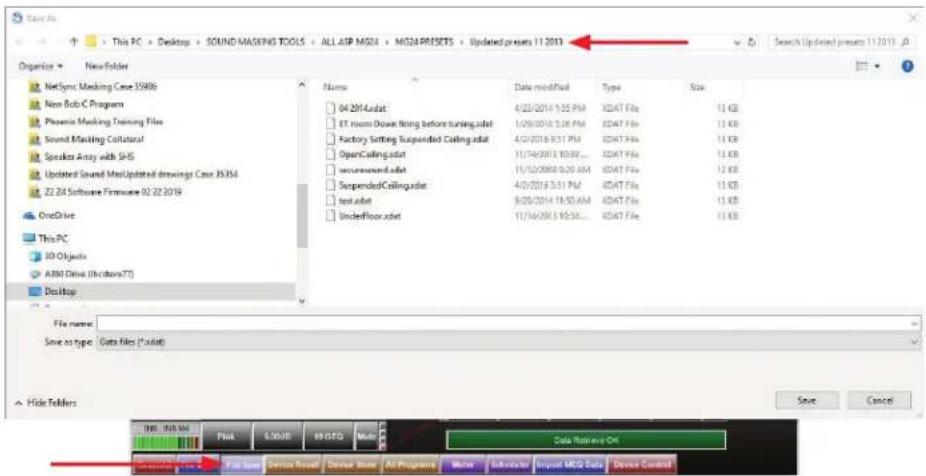 Organize New Folder NetSync Masking Case 3590b New Bob C Program Phoenix Masking Training Files Sound Masking Collateral Speaker Array with SHS Updated Sound MaskUpdated drawings Case 35354 22.24 Software Firmware 02.22.2019 OneDrive This PC XO Objects ABO Drive (Bodano77) Desktop File name: Save as type: Data files (*.data) Save Cancel Name Date modified Type Size 04.2014.txt 4/23/2014 1:35 PM XDAT File 13 KB ET room Down firing before turning.txt 1/26/2018 5:26 PM XDAT File 13 KB Factory Setting Suspended Ceiling.txt 4/2/2018 3:31 PM XDAT File 13 KB OpenCeiling.txt 11/14/2018 10:39... XDAT File 14 KB accumensured.txt 11/12/2008 9:29 AM XDAT File 12 KB SuspendedCeiling.txt 4/3/2018 5:31 PM XDAT File 13 KB test.txt 9/20/2014 11:30 AM XDAT File 13 KB Underfloor.txt 11/14/2018 10:38... XDAT File 13 KB